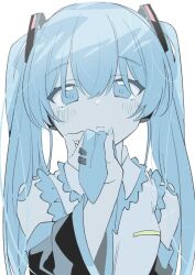 Rule 34 | 1girl, :&lt;, bare shoulders, black sleeves, blue eyes, blue hair, blue nails, blue necktie, blush, collared shirt, colored skin, crossed bangs, detached sleeves, dot nose, frilled shirt, frills, hair between eyes, hair ornament, hand up, hatsune miku, holding necktie, kaneko aaru, limited palette, long hair, looking at viewer, necktie, raised eyebrows, shirt, simple background, sleeveless, sleeveless shirt, solo, sparkle, tareme, tie clip, twintails, upper body, vocaloid, white background, white skin