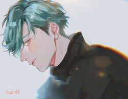 Rule 34 | 1boy, aizome kento, aru iru, b-project, black sweater, blue eyes, blue hair, facing to the side, grey background, light blue hair, long sleeves, looking at viewer, male focus, short hair, solo, sweater, turtleneck, turtleneck sweater, twitter username