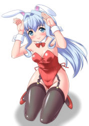 Rule 34 | 10s, 1girl, animal ears, armpits, arms up, bare shoulders, black thighhighs, blue eyes, blue hair, blush, breasts, cleavage, covered erect nipples, detached collar, fake animal ears, garter straps, groin, gundam, gundam build divers, hair intakes, highleg, highleg leotard, kneeling, leotard, light blue hair, lipstick, long hair, looking at viewer, makeup, medium breasts, playboy bunny, rabbit ears, rabbit girl, rabbit pose, red leotard, sara (gundam build divers), shoes, simple background, sitting, smile, solo, strapless, strapless leotard, thighhighs, thighs, white background, wrist cuffs, yukimura hajime