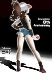 Rule 34 | 1girl, anniversary, ass, bare shoulders, black background, bow, brown hair, cameltoe, closed mouth, copyright name, creatures (company), denim, denim shorts, female focus, footwear bow, from behind, full body, game freak, glowing, hand on own hip, hat, highres, hilda (pokemon), holding, jacket, long hair, nintendo, poke ball, pokemon, pokemon bw, ponytail, shadow, shirt, shoe soles, shoes, short shorts, shorts, solo, standing, white bow, white hat, white shirt, yang meiling