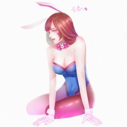 Rule 34 | &gt;:3, 1girl, 2017, :3, adapted costume, alternate eye color, animal ears, artist name, bare shoulders, blue leotard, bow, bowtie, breasts, brown pantyhose, character name, cleavage, collarbone, covered navel, d.va (overwatch), dated, detached collar, eyelashes, facepaint, facial mark, fake animal ears, fingernails, full body, hands on floor, heart, heart-shaped pupils, highleg, highleg leotard, highres, leotard, lips, lipstick, long hair, looking at viewer, makeup, medium breasts, nose, overwatch, overwatch 1, pantyhose, parted lips, pink bow, pink bowtie, pink eyes, pink lips, playboy bunny, rabbit ears, sideways glance, signature, simple background, sleeveless, solo, strapless, strapless leotard, symbol-shaped pupils, teeth, thighs, v-shaped eyebrows, whisker markings, white background, wrist cuffs