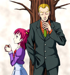 Rule 34 | 00s, 1boy, 1girl, against tree, age difference, blonde hair, bunbee, bunbee (yes! precure 5), coffee, couple, formal, height difference, necktie, one side up, pink hair, precure, school uniform, suit, tree, twintails, yes! precure 5, yumehara nozomi