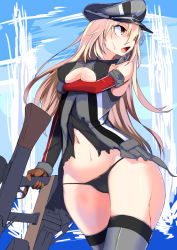Rule 34 | 10s, 1girl, bare shoulders, bismarck (kancolle), black panties, blonde hair, breast hold, breasts, dress, elbow gloves, gloves, grey thighhighs, hat, kantai collection, long hair, machinery, navel, panties, solo, tenken (gotannda), thighhighs, torn clothes, torn dress, underwear, water, yellow eyes