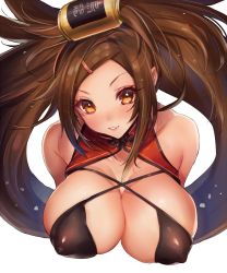 Rule 34 | 1girl, bare shoulders, bikini, breasts, brown eyes, brown hair, can, cleavage, covered erect nipples, guilty gear, guilty gear xrd, hair ornament, kuradoberi jam, large breasts, leaning forward, long hair, looking at viewer, nipples, oro (sumakaita), parted lips, shiny clothes, smile, solo, swimsuit