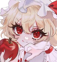 Rule 34 | 1girl, :d, apple, blonde hair, close-up, commentary, flandre scarlet, food, frilled wrist cuffs, frills, fruit, hair between eyes, hand up, hat, hat ribbon, holding, holding food, holding fruit, looking at viewer, mew (mewrurirun), mob cap, open mouth, red eyes, red nails, red ribbon, red wrist cuffs, ribbon, short hair, sidelocks, simple background, smile, solo, symbol-only commentary, tongue, tongue out, touhou, white background, white hat, wrist cuffs