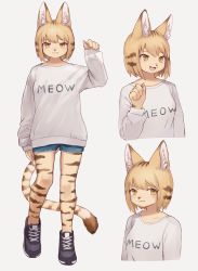 Rule 34 | 1girl, :3, animal ear fluff, animal ears, animal nose, black sneakers, blonde hair, blush, body fur, breasts, cat, cat ears, cat girl, cat tail, claws, collarbone, commentary request, erumeruta, fang, furry, furry female, highres, looking at viewer, medium breasts, multiple views, original, pawpads, shirt, shoes, simple background, slit pupils, sneakers, striped fur, tail, white background, white shirt, yellow eyes, yellow fur