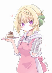 Rule 34 | 1girl, apron, blonde hair, blush, blush stickers, braid, braided bun, cake, candy, chocolate, chocolate heart, closed mouth, food, grey hoodie, hair between eyes, hair bun, heart, holding, hood, hoodie, kantai collection, miko (35nikomi), official alternate costume, one-hour drawing challenge, perth (kancolle), pink apron, purple eyes, short hair, simple background, smile, solo, twitter username, upper body, white background