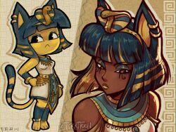 Rule 34 | 2girls, alternate skin color, animal crossing, animal ear piercing, animal ears, ankh, ankha (animal crossing), blue hair, cat ears, cat tail, dark-skinned female, dark skin, dated, dual persona, egyptian, egyptian clothes, furry, furry female, hand on own hip, humanization, looking at viewer, looking to the side, medium hair, multiple girls, nintendo, starmanshine, tail, watermark