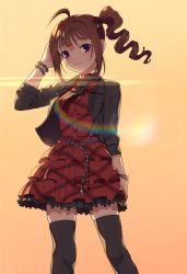 Rule 34 | 1girl, ahoge, backlighting, belly chain, black jacket, black necktie, black thighhighs, bracelet, brown hair, closed mouth, commentary, dress, drill hair, english commentary, frilled dress, frills, hair ornament, hand on own head, high collar, highres, idolmaster, idolmaster million live!, jacket, jewelry, kamille (vcx68), layered dress, lens flare, light frown, long sleeves, looking at viewer, necktie, orange background, purple eyes, red dress, short dress, short hair, side drill, side ponytail, skindentation, solo, standing, sunset, thighhighs, tintme!, yokoyama nao, zettai ryouiki