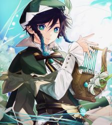 Rule 34 | 1boy, absurdres, androgynous, beret, black hair, blue hair, bow, braid, brooch, closed mouth, collared cape, collared shirt, commentary request, corset, flower, frilled sleeves, frills, gem, genshin impact, gradient hair, green eyes, green hat, hair flower, hair ornament, hat, highres, holding, holding instrument, instrument, jewelry, leaf, long sleeves, looking at viewer, lyre, male focus, multicolored hair, nutamaki tsukushi, shirt, short hair with long locks, side braids, sidelocks, smile, solo, twin braids, venti (genshin impact), vision (genshin impact), white flower, white shirt