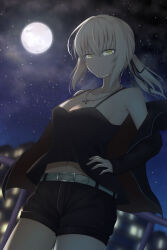 Rule 34 | 1girl, absurdres, artoria pendragon (all), artoria pendragon (fate), black ribbon, black tank top, fate/grand order, fate (series), hair ribbon, hand on own hip, highres, jacket, jewelry, long sleeves, looking at viewer, moon, necklace, night, open clothes, open jacket, ponytail, ribbon, saber alter, saber alter (ver. shinjuku 1999) (fate), shorts, sidelocks, sky, solo, standing, star (sky), starry sky, szl, tank top, white hair, yellow eyes