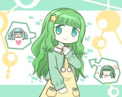 Rule 34 | 2girls, :&gt;, ^ ^, ai-chan (madoka magica), blunt bangs, blush, clenched hand, closed eyes, cosplay, curly hair, facing viewer, futaba sana, futaba sana (cosplay), futaba sana (pajamas costume), green eyes, green hair, green ribbon, green sweater, green theme, hair ornament, hand on own chest, hand up, happy, head tilt, heart, long hair, looking at viewer, magia record: mahou shoujo madoka magica gaiden, mahou shoujo madoka magica, multiple girls, nightgown, no eyes, open mouth, pajamas, pale skin, pom pom (clothes), reverse (bluefencer), ribbon, scrunchie, shaded face, sidelocks, sleeves past wrists, smile, speech bubble, spoken character, star (symbol), star hair ornament, sweater, tareme, twintails, yellow nightgown, yellow scrunchie