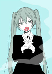 Rule 34 | 1girl, black dress, blue background, collared dress, commentary, covered mouth, dress, flower, green eyes, green hair, hair between eyes, hands up, hatsune miku, holding, holding flower, interlocked fingers, kuroi (liar-player), long hair, long sleeves, looking at viewer, own hands together, red flower, solo, twintails, twitter username, very long hair, vocaloid