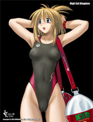 Rule 34 | 1girl, arena (company), armpits, bag, blonde hair, blue eyes, breasts, cameltoe, cleft of venus, competition swimsuit, covered erect nipples, high cut kingdom, highleg, highleg swimsuit, medium breasts, non-web source, nyanko batake, one-piece swimsuit, see-through, single vertical stripe, solo, swimsuit