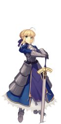 Rule 34 | absurdres, ahoge, armor, artoria pendragon (all), artoria pendragon (fate), blonde hair, blue dress, boa (brianoa), braid, braided bun, breastplate, closed mouth, dress, excalibur (fate/stay night), fate/stay night, fate (series), faulds, full body, gauntlets, green eyes, hair bun, hair ribbon, hands on hilt, highres, juliet sleeves, legs apart, long sleeves, looking at viewer, armored boots, planted, planted sword, planted weapon, plate armor, puffy sleeves, purple ribbon, ribbon, saber (fate), sidelocks, smile, standing, sword, transparent background, weapon