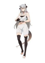 Rule 34 | 1girl, alternate costume, arknights, bandages, bare arms, bare shoulders, black choker, black gloves, black thighhighs, breasts, choker, cleavage, commentary request, commission, criss-cross halter, crop top, fingerless gloves, full body, gloves, halterneck, highres, horns, long hair, looking at viewer, medium breasts, midriff, orange eyes, pixiv commission, saria (arknights), shorts, silver hair, simple background, single glove, solo, sports bra, standing, tail, thighhighs, toeless legwear, very long hair, white background, white shorts, wrist wrap, xllam