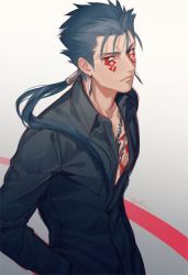 Rule 34 | 1boy, blue hair, cu chulainn (fate), cu chulainn (fate) (all), cu chulainn (fate/stay night), cu chulainn alter (fate), cu chulainn alter (fate/grand order), earrings, fate/grand order, fate (series), formal, jewelry, lancer, long hair, looking at viewer, male focus, ponytail, red eyes, simple background, solo, suda ayaka, suit, tattoo