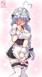 Rule 34 | 1girl, ahoge, alternate costume, apron, artist logo, black ribbon, black skirt, blouse, blush, braid, breasts, commentary request, cowboy shot, dated, dress, embarrassed, enmaided, frilled apron, frilled thighhighs, frills, grey hair, hair over eyes, hair ribbon, hamanami (kancolle), heart, heart ahoge, highres, kanon (kurogane knights), kantai collection, knees together feet apart, large breasts, legs together, long hair, maid, maid headdress, nose blush, open mouth, ribbon, sex toy, shirt, simple background, single braid, skirt, sleeveless, sleeveless dress, solo, thighhighs, vibrator, vibrator under clothes, white apron, white background, white shirt, white thighhighs