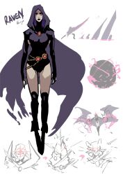 Rule 34 | 1girl, absurdres, black leotard, boots, breasts, cape, character name, colored skin, commentary, dc comics, english commentary, forehead jewel, full body, grey skin, highres, kjlbs, knee boots, leotard, looking at viewer, medium breasts, purple eyes, purple hair, raven (dc), short hair, solo, teen titans, umbrakinesis