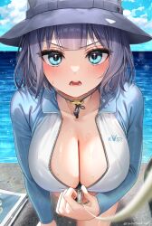 Rule 34 | 1girl, absurdres, aqua eyes, beach, blue archive, blue jacket, blue sky, blush, breasts, bucket hat, cleavage, collarbone, grey hair, grey hat, hat, highres, jacket, large breasts, leash, long sleeves, looking at viewer, multicolored clothes, multicolored jacket, ocean, open mouth, partially unzipped, rash guard, revision, saki (blue archive), saki (swimsuit) (blue archive), short hair, sidelocks, sky, solo, two-tone jacket, wet, white jacket, yayoi maka, zipper, zipper pull tab