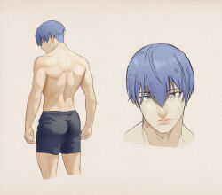 Rule 34 | 1boy, blue eyes, blue hair, boxer briefs, closed mouth, commentary, cowboy shot, cropped head, english commentary, expressionless, from behind, grey background, hair between eyes, himmel (sousou no frieren), looking at viewer, looking back, male focus, male underwear, mole, mole under eye, multiple views, muscular, portrait, short hair, simple background, songjo, sousou no frieren, topless male, underwear