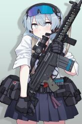 1girl assault_rifle black_gloves black_skirt blue-tinted_eyewear blue_hair blush bright_pupils cirno cirno_(cookie) closed_mouth collared_shirt commentary_request cookie_(touhou) cowboy_shot gloves grey_background grey_eyes gun hair_between_eyes highres holding holding_gun holding_weapon looking_at_viewer oomiya_(nicoseiga96593860) pleated_skirt pouch rifle shirt short_hair short_sleeves skirt smile solo sunglasses tinted_eyewear touhou weapon white_pupils white_shirt