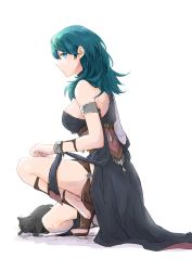Rule 34 | 1girl, armlet, black dress, blue eyes, blue hair, breasts, byleth (female) (fire emblem), byleth (fire emblem), cat, dancer, dancer (fire emblem: three houses), dress, fire emblem, fire emblem: three houses, from side, large breasts, nintendo, robaco, sideboob, simple background, solo, squatting, white background