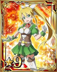 Rule 34 | 10s, 1girl, blonde hair, breasts, card (medium), cleavage, gloves, green eyes, green skirt, hair between eyes, hair ornament, high ponytail, holding, holding sword, holding weapon, leafa, leafa (sao:im), long hair, looking at viewer, medium breasts, open mouth, pleated skirt, pointy ears, skirt, solo, star (symbol), sword, sword art online, weapon, white gloves, white legwear, wrist cuffs