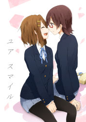 Rule 34 | 2girls, arm support, black legwear, blush, bow, bowtie, brown eyes, brown hair, clenched hand, couple, closed eyes, face-to-face, female focus, friends, glasses, hair ornament, hairclip, happy, highres, hirasawa yui, imminent kiss, k-on!, kagiana, looking at another, manabe nodoka, multiple girls, noses touching, open mouth, pantyhose, pleated skirt, red-framed eyewear, school uniform, shoes, short hair, sitting, skirt, smile, v arms, yuri
