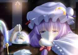 Rule 34 | 1girl, absurdres, book, bookshelf, bow, broom, chandelier, christmas, clenched hand, crescent, crescent hat ornament, frilled hat, frilled sleeves, frills, hair bow, hat, hat ornament, hat ribbon, head on table, highres, kirisame marisa, library, looking at object, mail, patchouli knowledge, pointing, purple eyes, purple hair, quill, rense 1010 (number nanashi), ribbon, snow globe, solo, table, touhou