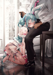 Rule 34 | 1boy, 1girl, absurdres, anal, anal object insertion, animal ears, bdsm, bicute bunnies miku, black footwear, black pants, blue footwear, blue hair, blush, body writing, bondage, bound, bound ankles, bound wrists, closed eyes, condom, condom belt, condom thigh strap, crying, cuffs, cum, cum on body, detached collar, detached sleeves, dildo, fake animal ears, fishnet pantyhose, fishnet thighhighs, fishnets, from side, full body, gloves, hair between eyes, hair bun, handcuffs, hatsune miku, heart, hetero, high heels, highres, holding, holding leash, humiliation, kneeling, leash, legs together, leotard, licking, licking finger, looking at viewer, medium hair, multiple condoms, necktie, object insertion, pants, pantyhose, playboy bunny, rabbit ears, red gloves, restrained, sex toy, shirt, shirt tucked in, slave, solo focus, tally, tears, thighhighs, tongue, tongue out, used condom, vaginal, vaginal object insertion, vocaloid, white shirt, ying yi