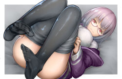 Rule 34 | 10s, 1girl, :3, ass, black pantyhose, blush, bow, breasts, clothes pull, feet, glasses, gridman universe, jacket, large breasts, light purple hair, long sleeves, looking at viewer, lying, no panties, no shoes, off shoulder, on back, oonaka ito, open clothes, outside border, pantyhose, pantyhose pull, purple jacket, red-framed eyewear, school uniform, shinjou akane, shiny skin, shirt, short hair, smile, solo, ssss.gridman, white shirt