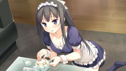 Rule 34 | 1girl, apron, ayase sayuki, black hair, black legwear, blush, bow, breasts, cleavage, cup, covered erect nipples, from above, game cg, hair bow, highres, kantoku, kneeling, long hair, maid, maid apron, maid headdress, no bra, parted lips, ponytail, purple eyes, reflection, sidelocks, solo, tea, teacup, teapot, transparent, tsurime, wrist cuffs, your diary