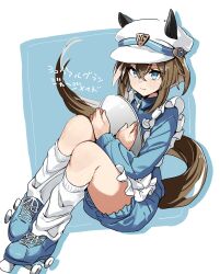 Rule 34 | 1girl, absurdres, animal ears, apron, blue eyes, blue shorts, brown hair, cheval grand (umamusume), hat, hat belt, highres, holding, holding tray, horse ears, horse girl, horse tail, hugging object, iris league, jersey maid, long sleeves, looking at viewer, loose socks, maid, multicolored hair, name tag, roller skates, short hair, shorts, sitting, skates, socks, solo, streaked hair, tail, translation request, tray, umamusume, unconventional maid, waist apron, white hat