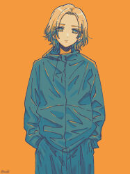 Rule 34 | 1girl, blonde hair, blue eyes, blue jacket, blue pants, closed mouth, commentary request, cowboy shot, earrings, hands in pockets, highres, jacket, jewelry, long sleeves, looking at viewer, orange background, original, pants, sakashima 0822, short hair, signature, simple background, solo
