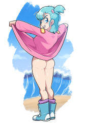 Rule 34 | 1girl, arms up, ass, asymmetrical bangs, blue eyes, blush, boots, breasts, bulma, clothes lift, cloud, day, dragon ball, dragon ball (classic), dress, dress lift, female focus, from behind, full body, green hair, groin, itsdatskelebutt, legs, lifted by self, looking back, medium breasts, medium hair, no panties, ocean, open mouth, outdoors, pink dress, shoes, side ponytail, sky, smile, sneakers, solo, standing, thighs, v-shaped eyebrows, water, waves