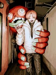 Rule 34 | 1boy, 1other, blood, bloodshot eyes, closed eyes, fangs, fingernails, gakudayo, ghost, giant hand, hallway, highres, holding person, horror (theme), industrial pipe, monster, nosebleed, open mouth, original, smile, tongue, tongue out, wakiobake (vtuber), waving