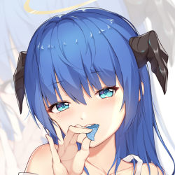 Rule 34 | 1girl, arknights, blue eyes, blue hair, blue tongue, close-up, collarbone, colored tongue, commentary, demon horns, fellatio gesture, halo, highres, horns, kuroida, long hair, looking at viewer, mostima (arknights), portrait, saliva, sharp teeth, solo, strap, tank top, teeth, tongue, tongue grab, tongue out, white tank top, zoom layer
