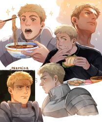Rule 34 | 1boy, armor, blonde hair, chopsticks, cropped torso, dungeon meshi, eating, expressions, food, from below, frown, highres, laios touden, male focus, multiple views, noodles, panprika11, plate armor, ramen, shirt, sparkling aura, t-shirt, thick eyebrows, yellow eyes