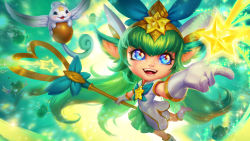 Rule 34 | 1girl, alternate costume, alternate hairstyle, blue eyes, boots, dress, facial mark, fang, flat chest, forehead mark, gloves, green hair, highres, league of legends, long hair, lulu (league of legends), magical girl, official art, pix (league of legends), solo, sparkle, staff, star (symbol), star guardian (league of legends), star guardian lulu, tiara, very long hair, white dress, white gloves, yordle