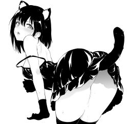 Rule 34 | 1girl, absurdres, animal ears, ass, bent over, blush, breasts, cat ears, cat girl, cat tail, commentary request, dress, fake animal ears, fake tail, gloves, greyscale, highres, hoshizuki kaede, kaede to suzu, kyokucho, looking back, monochrome, original, short hair, simple background, solo, sweat, tail, tearing up, tears, thighhighs, white background