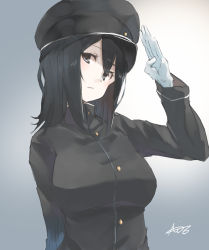 Rule 34 | 1girl, akitsu maru (kancolle), bad id, bad twitter id, black eyes, black hair, black hat, breasts, gloves, gradient background, grey background, hat, highres, kantai collection, large breasts, looking at viewer, military, military hat, military uniform, pale skin, peaked cap, salute, short hair, signature, solo, sunday aki, uniform, upper body, white gloves