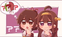Rule 34 | 2girls, :o, ?, ahoge, blush, brown hair, chibi, commentary request, detached sleeves, hagino chihiro, hair ribbon, headgear, ise (kancolle), italian flag, japanese clothes, kantai collection, kongou (kancolle), long hair, multiple girls, open mouth, ponytail, ribbon, simple background, thought bubble, upper body