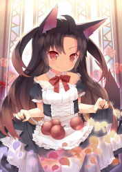Rule 34 | 1girl, alternate costume, alternate hairstyle, animal ears, apple, blush, brown hair, detached collar, fang, food, fruit, imaizumi kagerou, long hair, looking at viewer, red eyes, saru, skirt basket, slit pupils, smile, solo, tail, thighhighs, touhou, twintails, white thighhighs, wolf ears, wolf tail