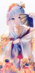 Rule 34 | 1girl, :d, absurdres, artist name, asymmetrical hair, ayaka (genshin impact), black ribbon, blue eyes, blue hair, blunt bangs, blush, cowboy shot, dated, flower, genshin impact, hair flower, hair ornament, hair ribbon, hair stick, highres, japanese clothes, jewelry, kimono, long hair, long sleeves, looking at viewer, necklace, obi, off shoulder, open clothes, open mouth, orange flower, orange rose, red flower, ribbon, rose, sash, sidelocks, simple background, smile, solo, swkl:d, tassel, tress ribbon, very long hair, white background, white kimono, wide sleeves