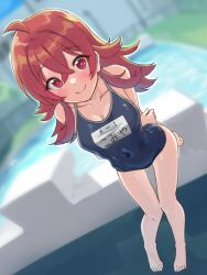 Rule 34 | 1girl, arms behind back, breasts, byougaku, full body, idolmaster, idolmaster shiny colors, komiya kaho, looking at viewer, medium breasts, one-piece swimsuit, pool, red eyes, red hair, school swimsuit, solo, standing, swimsuit, twitter