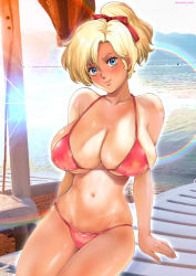Rule 34 | 1girl, backlighting, beach, bikini, blonde hair, blue eyes, breasts, cleavage, closed mouth, commentary request, day, elle vianno, gundam, gundam zz, hair ribbon, halterneck, highres, huge breasts, looking at viewer, navel, outdoors, oyaman, photo background, red bikini, red ribbon, ribbon, short hair, short ponytail, sitting, skindentation, smile, solo, string bikini, swimsuit, tan, twitter username