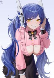 Rule 34 | 1girl, absurdres, alternate costume, alternate hairstyle, artist name, black bow, black skirt, blue background, blue hair, blush, bow, breasts, cleavage, cowboy shot, girls&#039; frontline, gradient background, hand up, headgear, hexagram, highres, large breasts, long hair, looking at viewer, number tattoo, parted lips, pink shirt, rorirori (rorirori45), shirt, simple background, skirt, smile, solo, star of david, tar-21 (girls&#039; frontline), tattoo, teeth, twintails, white background, yellow eyes