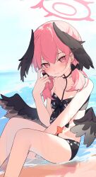 Rule 34 | 1girl, absurdres, beach, bikini, black bikini, black bow, black wings, blue archive, blush, bow, closed mouth, day, feathered wings, flat chest, floral print, hair bow, halo, head wings, highres, koharu (blue archive), koharu (swimsuit) (blue archive), looking at viewer, mini wings, outdoors, pink hair, shenqi de (9), sitting, solo, starfish, swimsuit, twintails, water, wet, wings