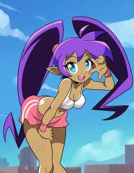 Rule 34 | 1girl, alternate hairstyle, blue eyes, breasts, cleavage, dark-skinned female, dark skin, datwondoude, hand on own thigh, hand on thigh, highres, leaning forward, legs, looking at viewer, midriff, navel, purple hair, shantae, shantae (series), shorts, smile, solo, tank top, thighs, twintails, v